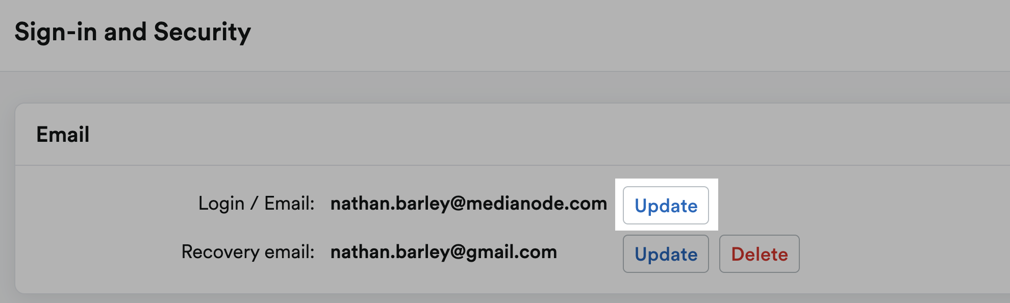'Update' button highlighted next to primary email address.