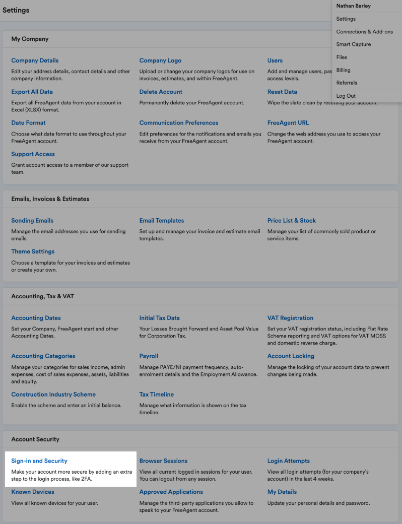 'Sign-in and Security' highlighted in Account Security section of settings page.