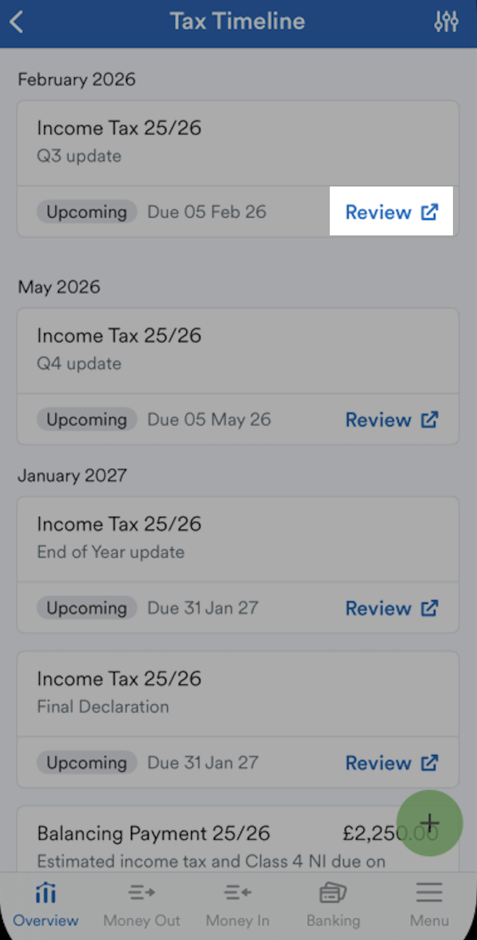 'Review' button highlighted next to quarterly update on Tax Timeline.