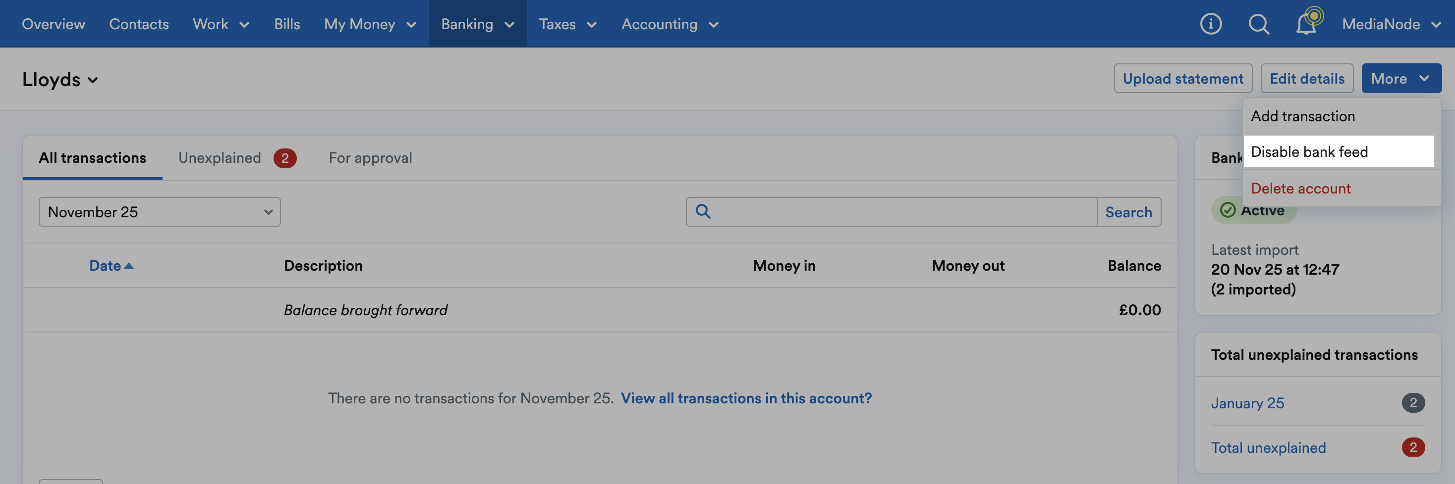 'Disable bank feed' highlighted on 'More' drop down menu.