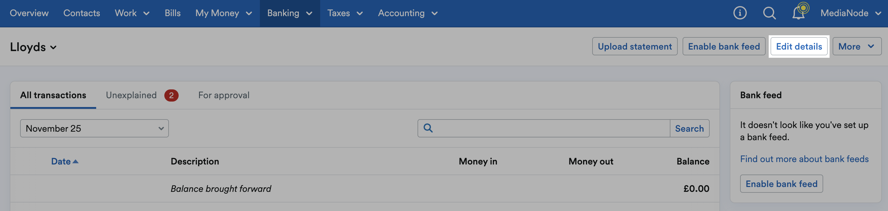 'Edit details' button highlighted on Bank account's page.