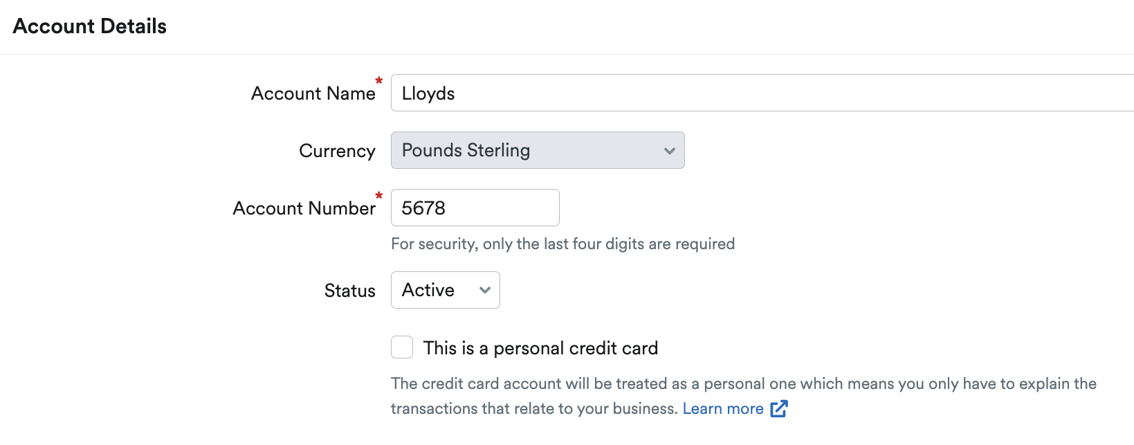 Account Details area with field to enter last four digits of credit card number.