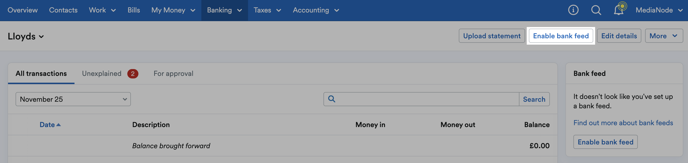 'Enable bank feed' button highlighted on bank account's page.
