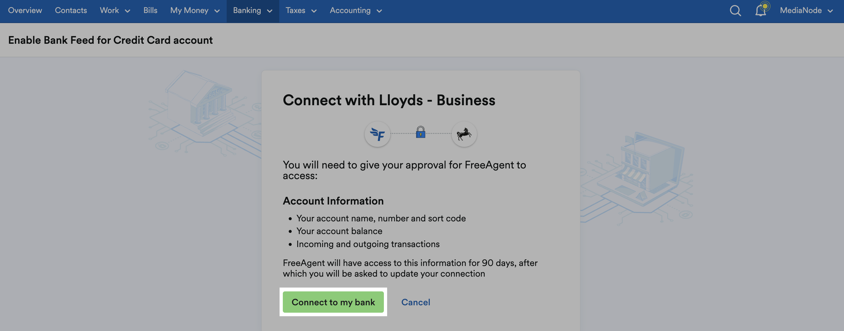 'Connect to my bank' button highlighted on credit card account page.