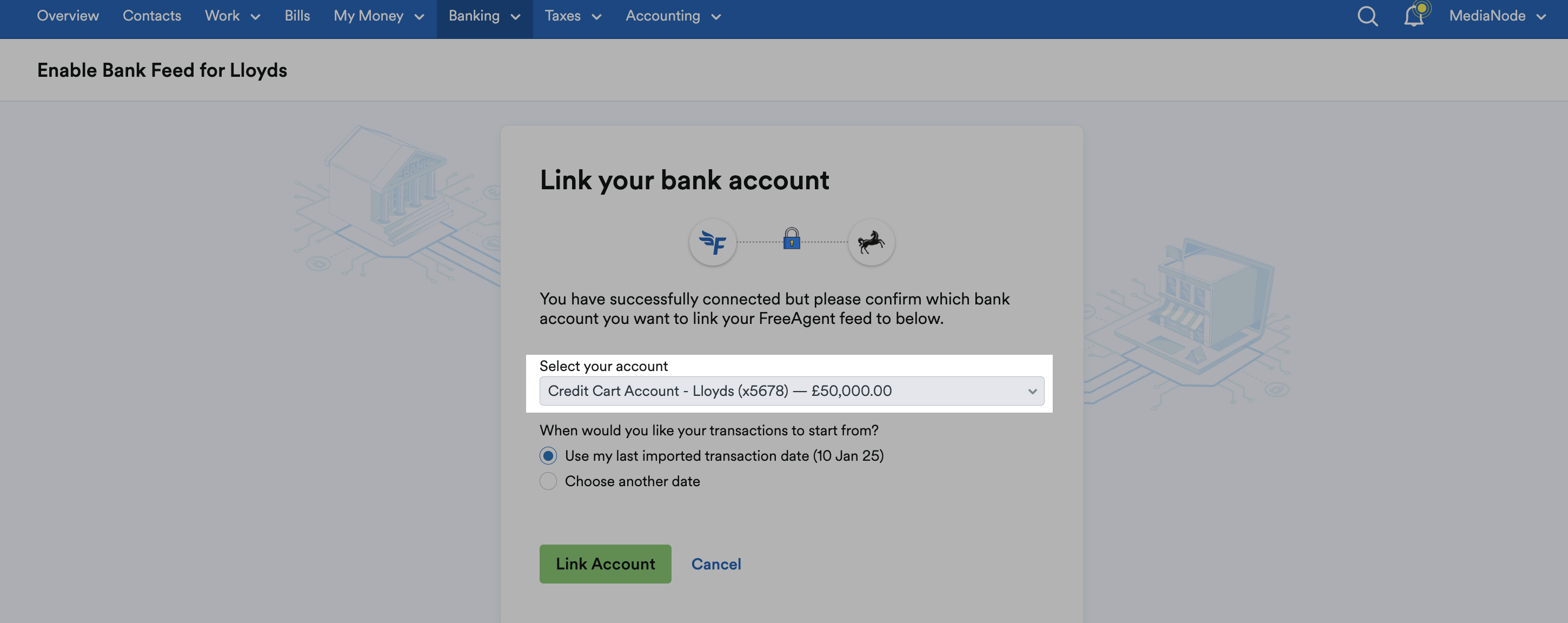 Drop down menu to select credit card bank account from.