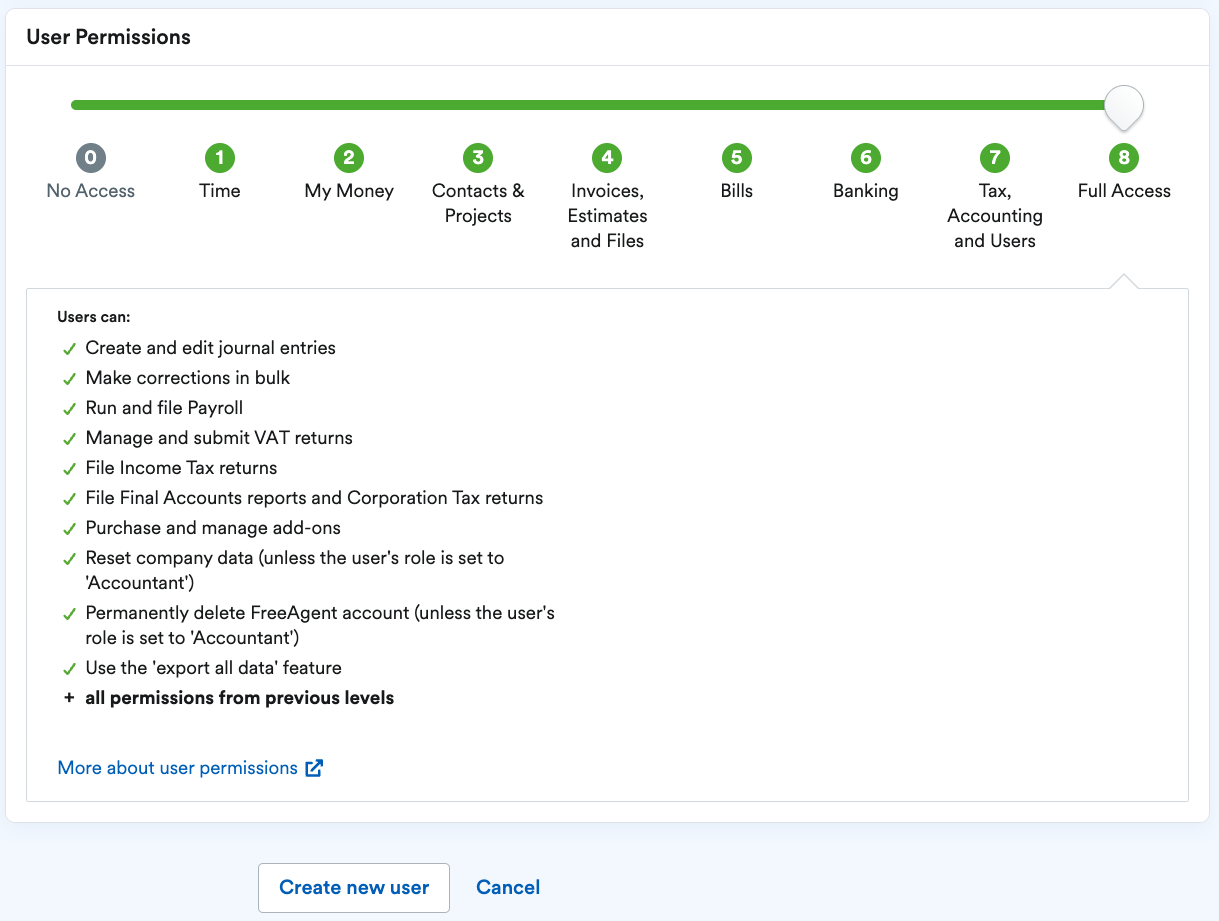 Full (level 8 ) access with list of capabilities on User Permissions page
