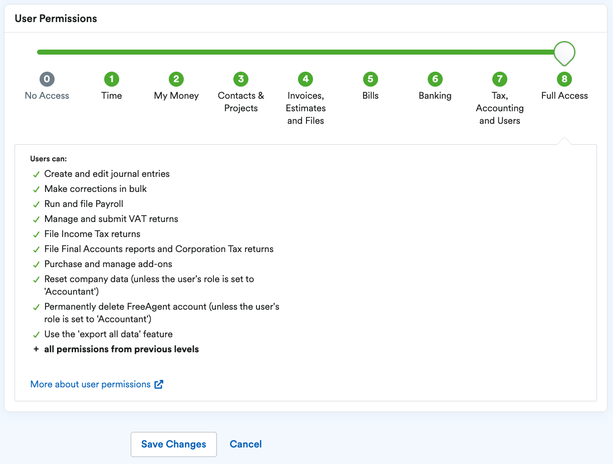 Full (level 8 ) access with list of capabilities on User Permissions page.