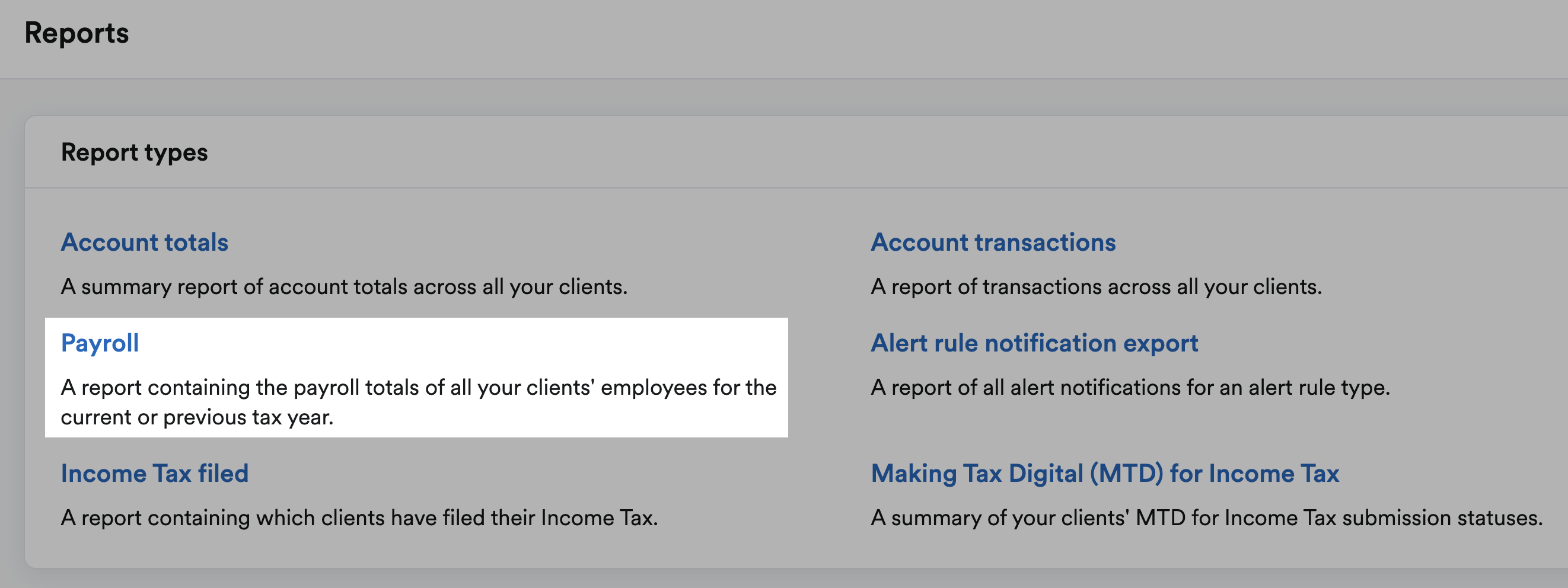 'Payroll' highlighted under Report types.