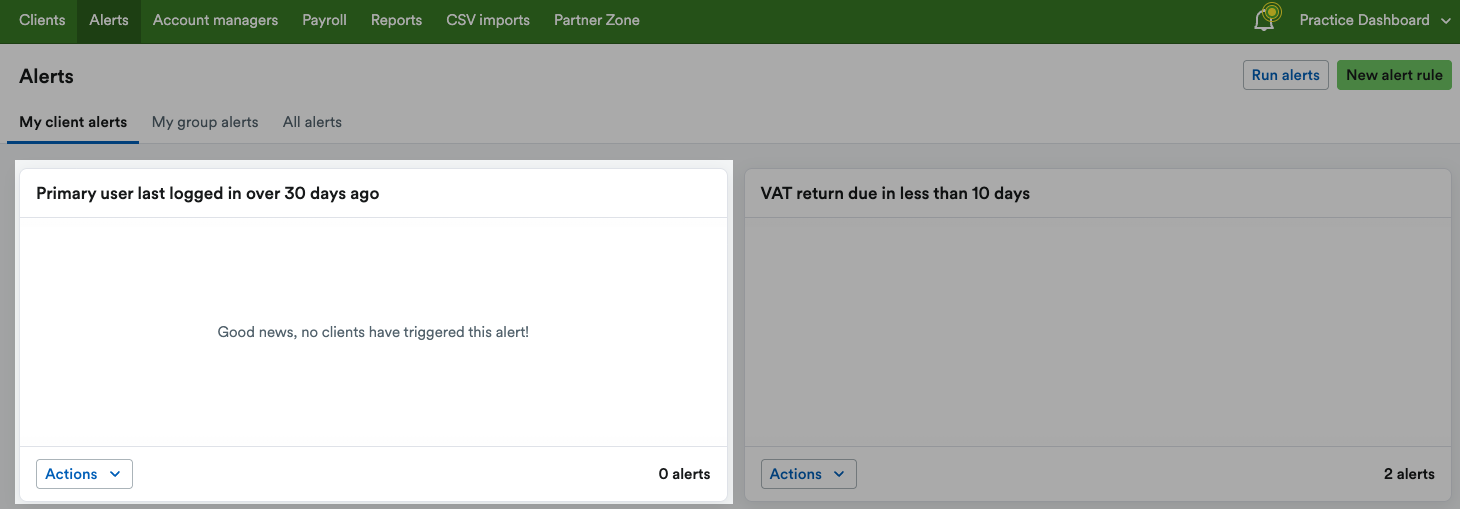 Newly created alert showing in practice dashboard