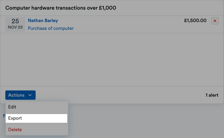 'Export' highlighted on 'Actions' drop down menu.