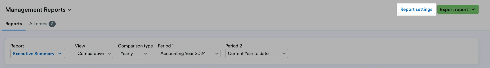 'Report settings' button highlighted at top of Management Reports page.