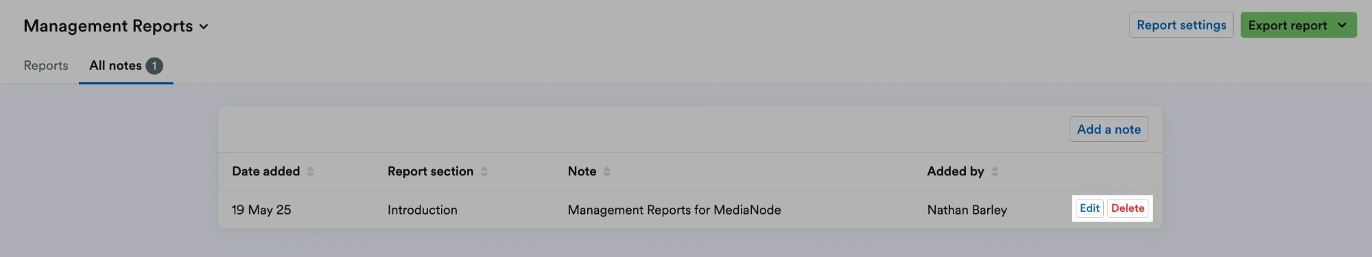 ‘Edit’ and ‘Delete’ buttons highlighted next to note.