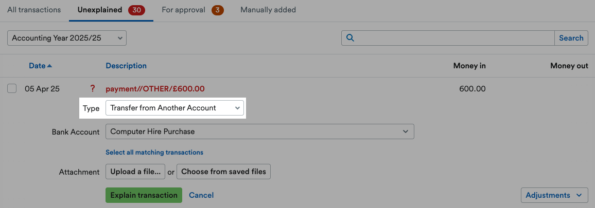 ‘Transfer from Another Account’ selected as Type and highlighted.