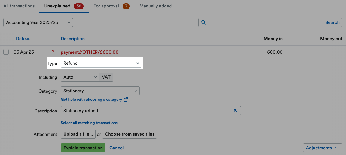 ‘Refund’ selected as Type and highlighted.