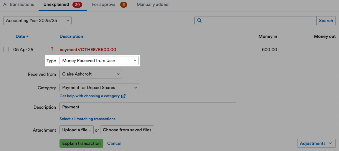‘Money Received from User’ selected as Type and highlighted.