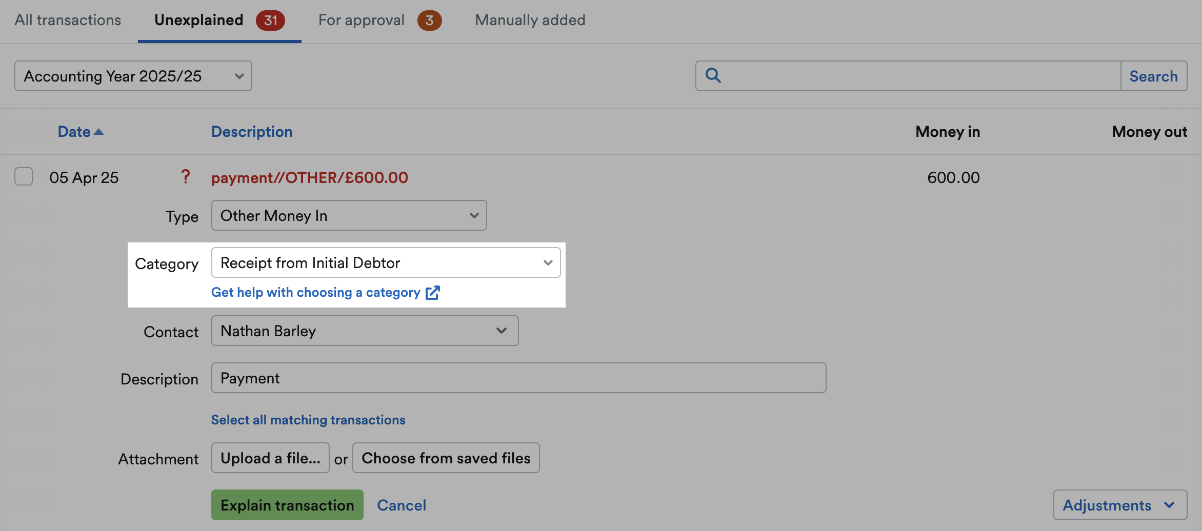 ‘Receipt from Initial Debtor’ selected as Category and highlighted.