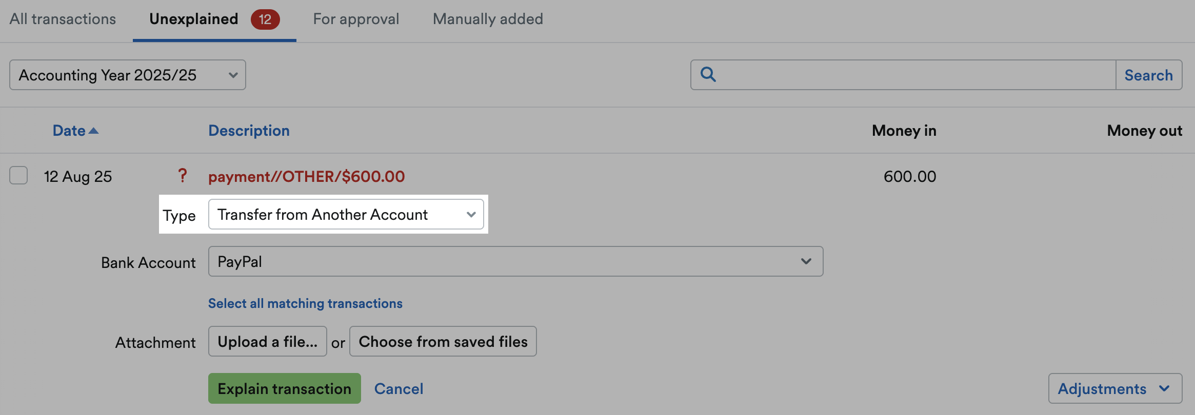 ‘Transfer from Another Account’ selected as Type and highlighted.
