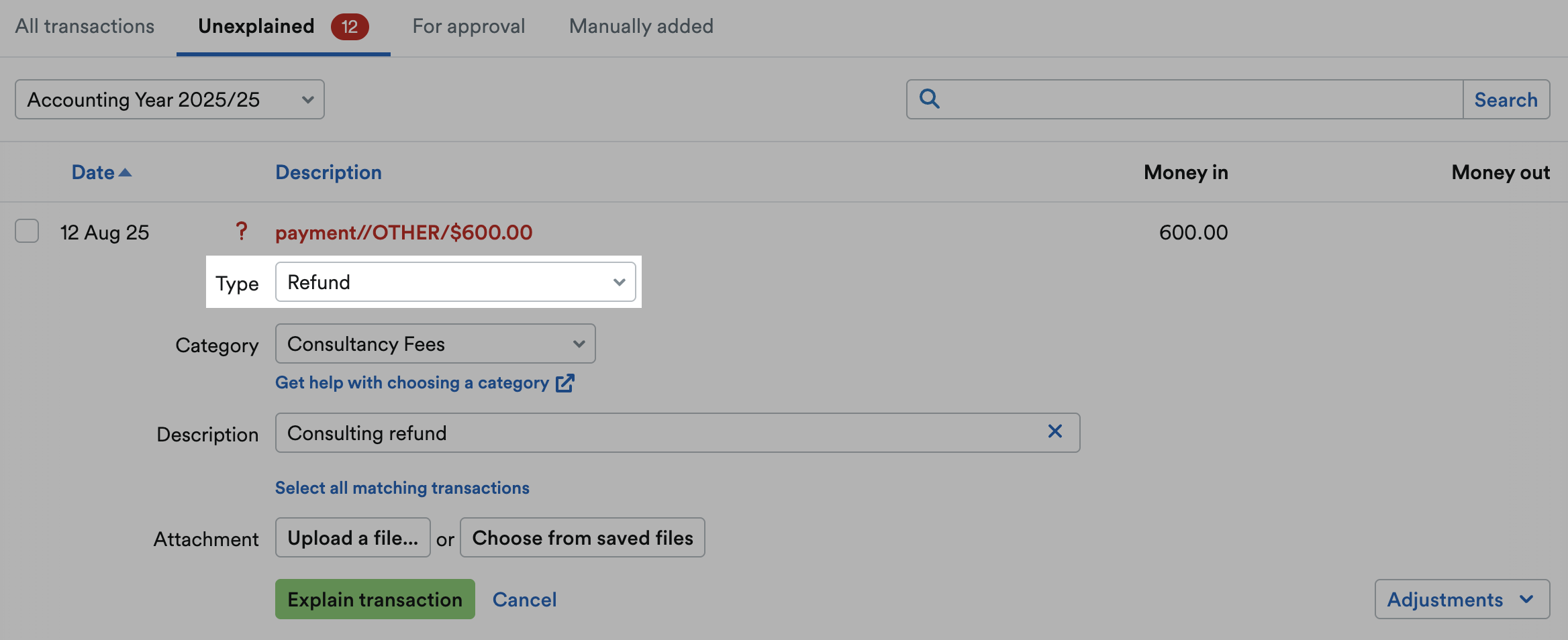 ‘Refund’ selected as Type and highlighted.