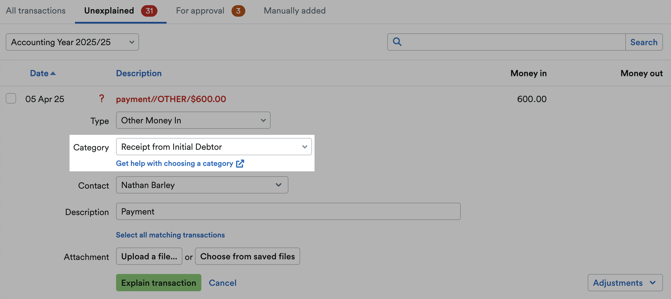 ‘Receipt from Initial Debtor’ selected as Category and highlighted.