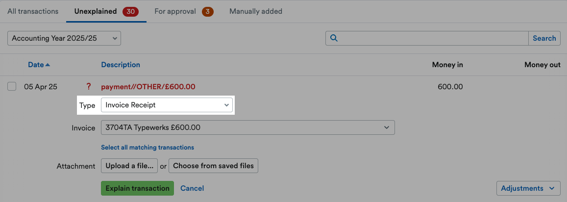 'Invoice Receipt' selected as Type.