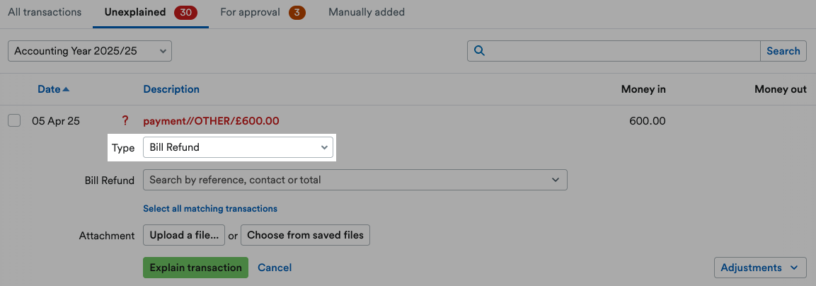 ‘Bill Refund’ selected as Type and highlighted.