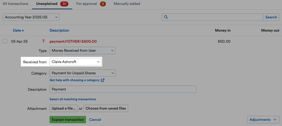 User selected from 'Received from' drop down menu.