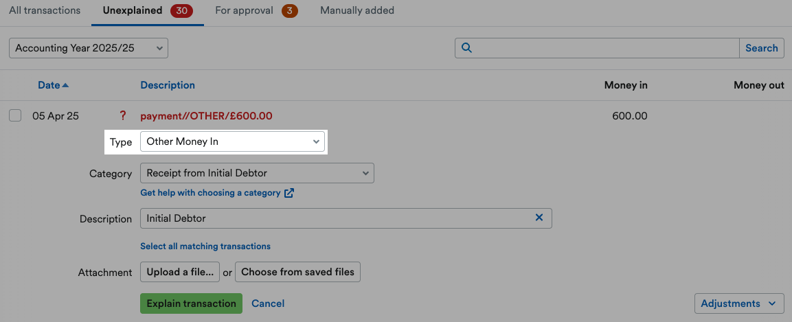‘Other Money In’ selected as Type and highlighted.