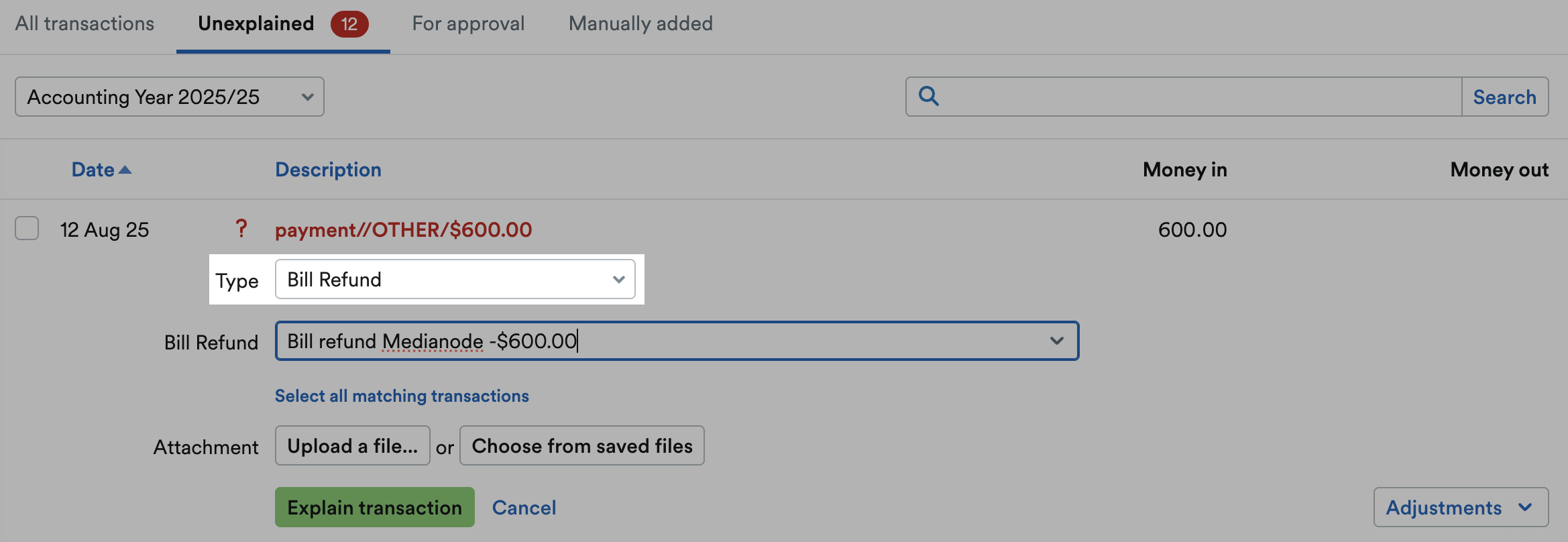 ‘Bill Refund’ selected as Type and highlighted.