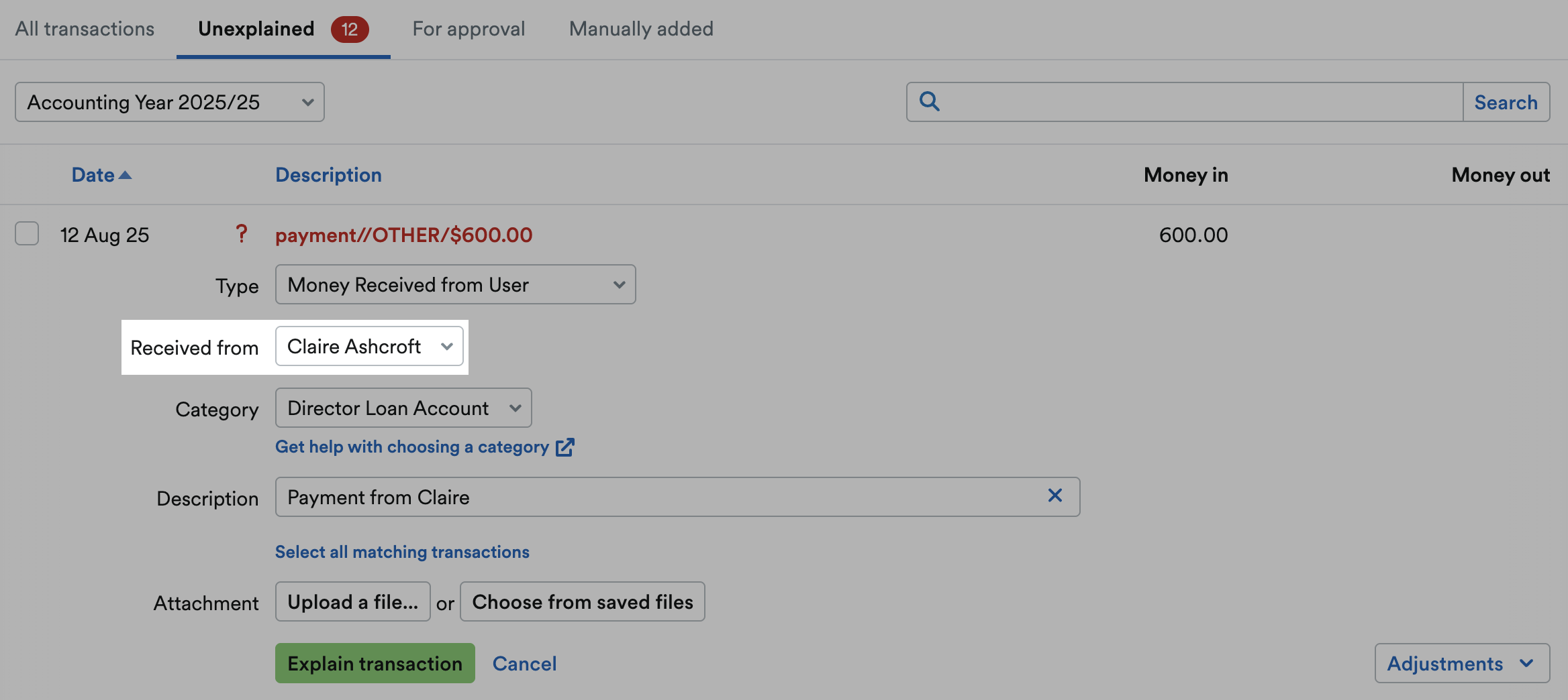 User selected on 'Received from' drop down menu.