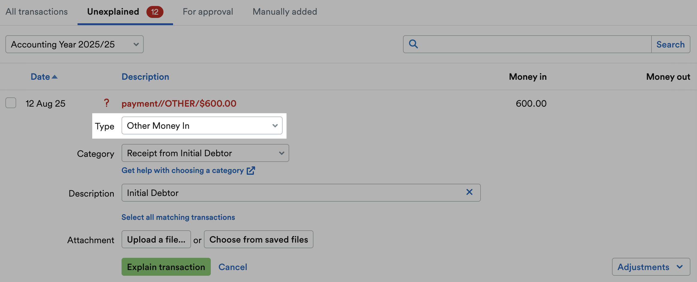 ‘Other Money In’ selected as Type and highlighted.