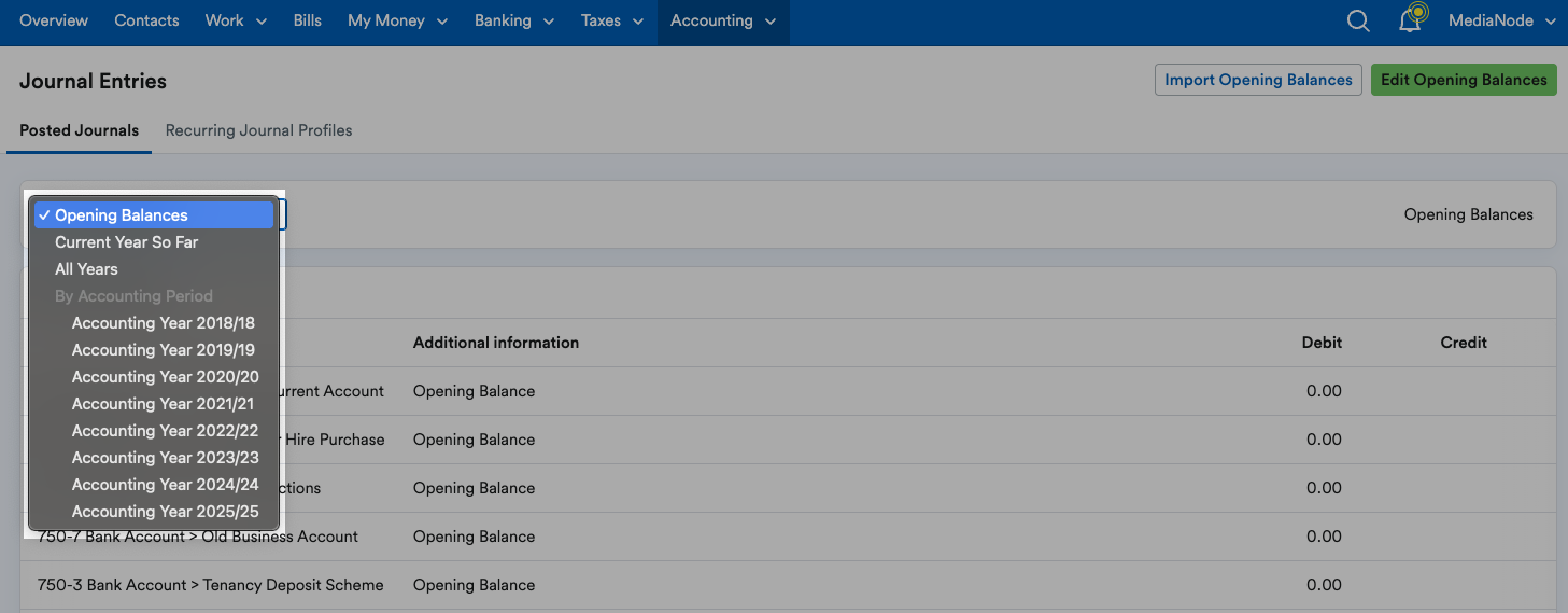Opening balances highlighted within drop-down menu