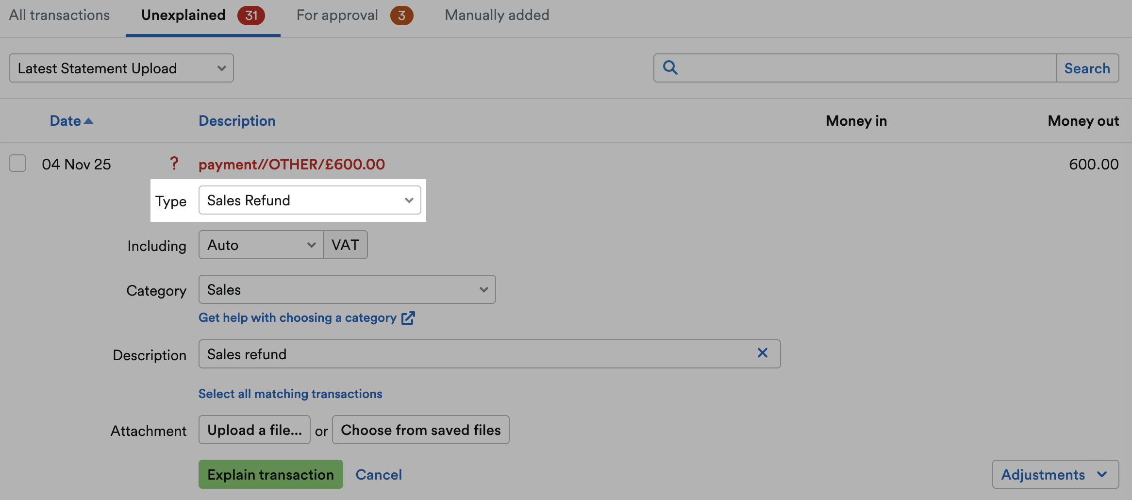 'Sales Refund' selected as Type from drop down menu.