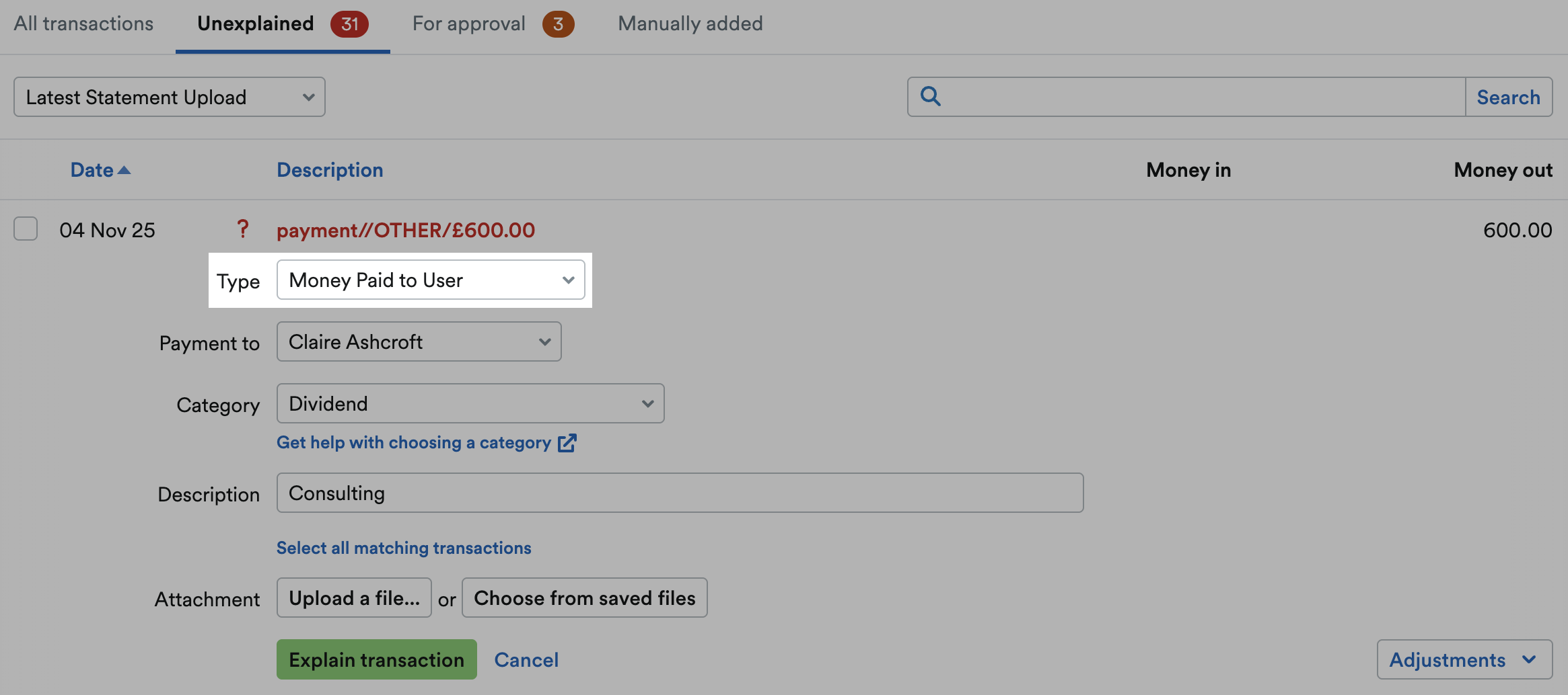 'Money Paid to User' selected as Type from drop down menu.