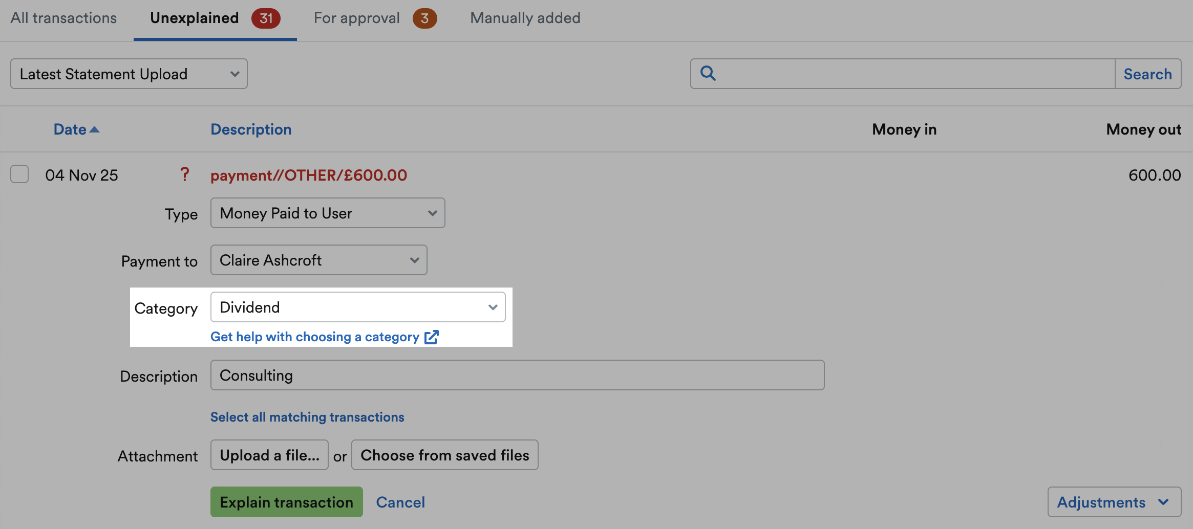 'Dividend' selected as Category from drop down menu.