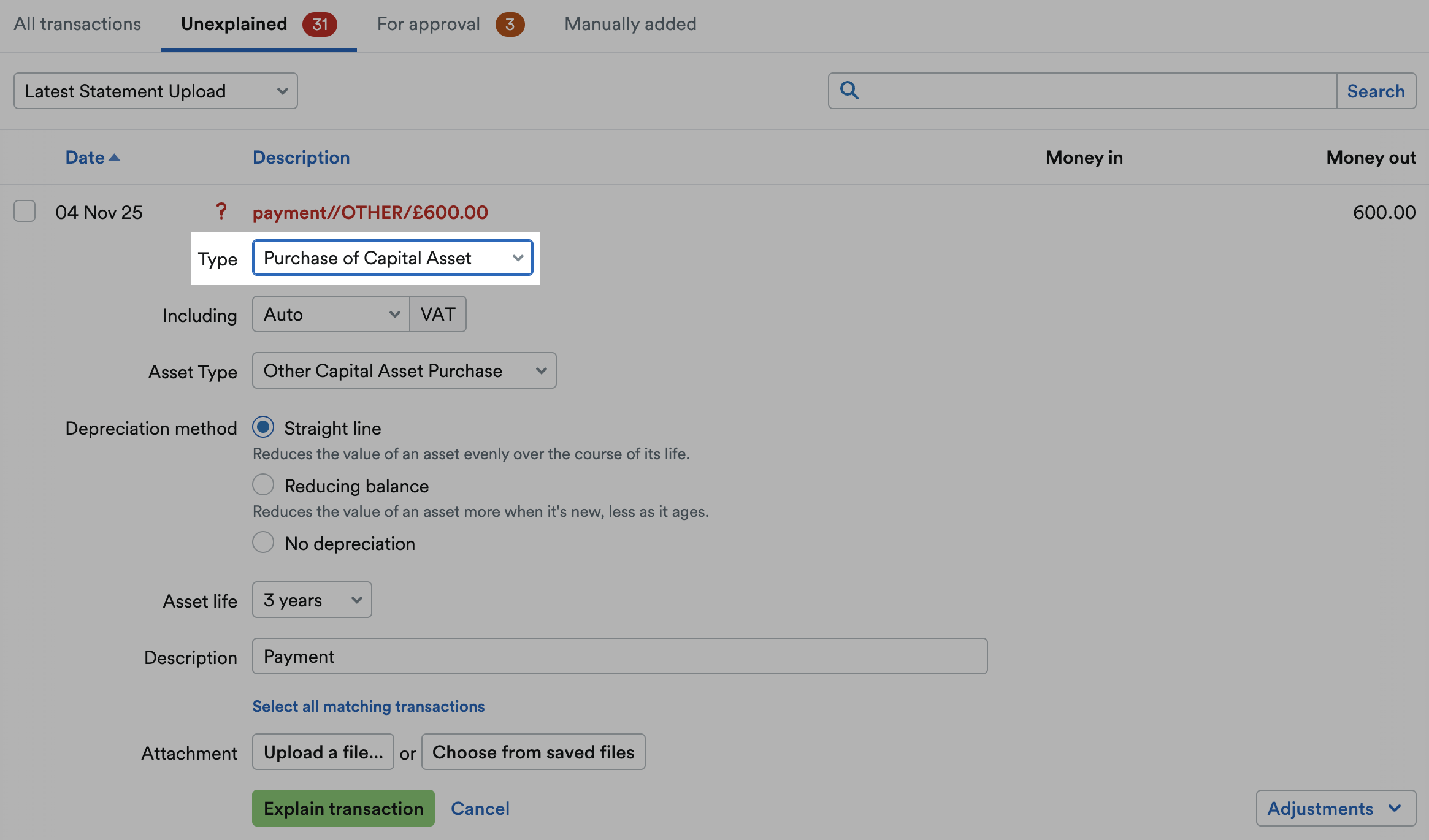 'Purchase of Capital Asset' selected as Type from drop down menu.