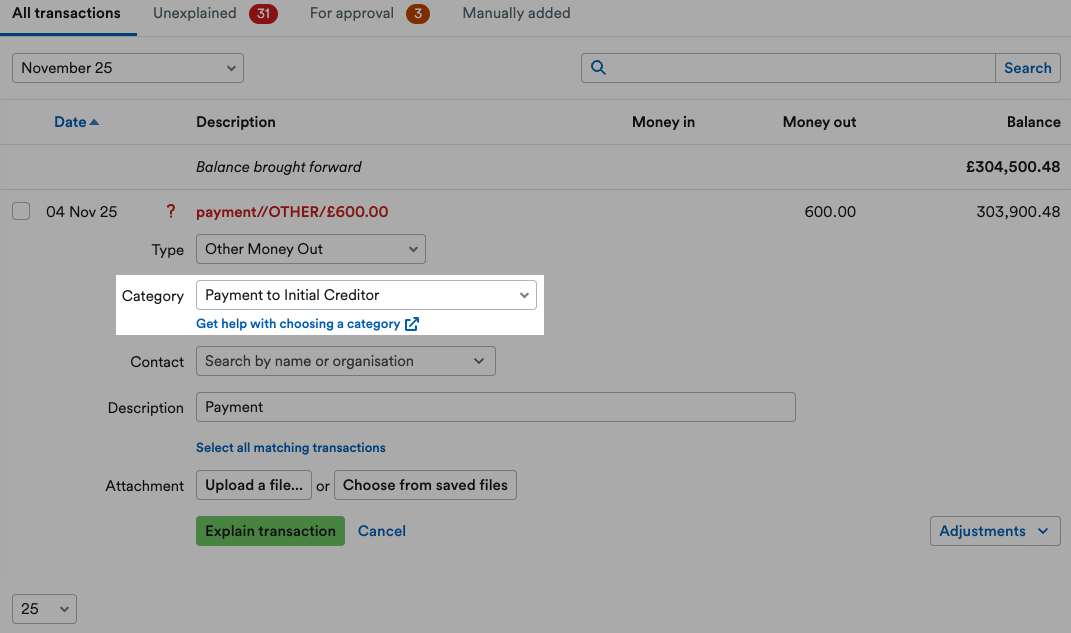 'Payment to Initial Creditor' selected as Category from drop down menu.