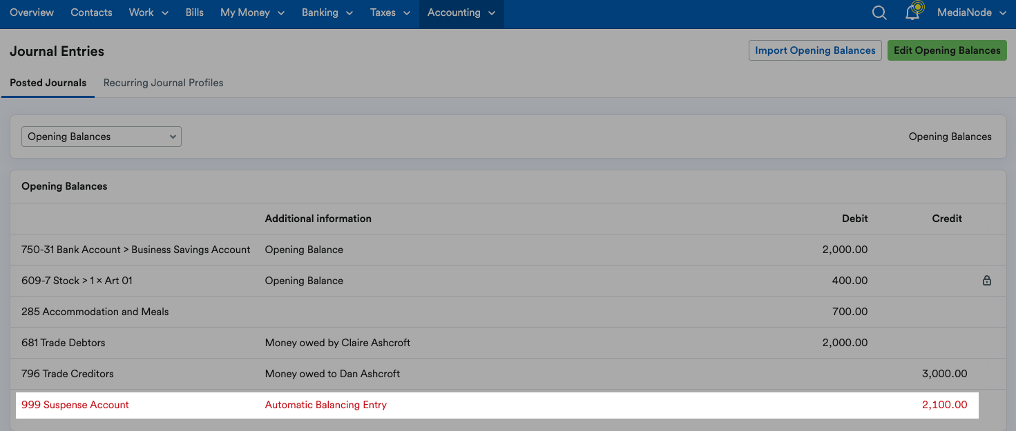 Suspense Account highlighted on Journal Entries page.