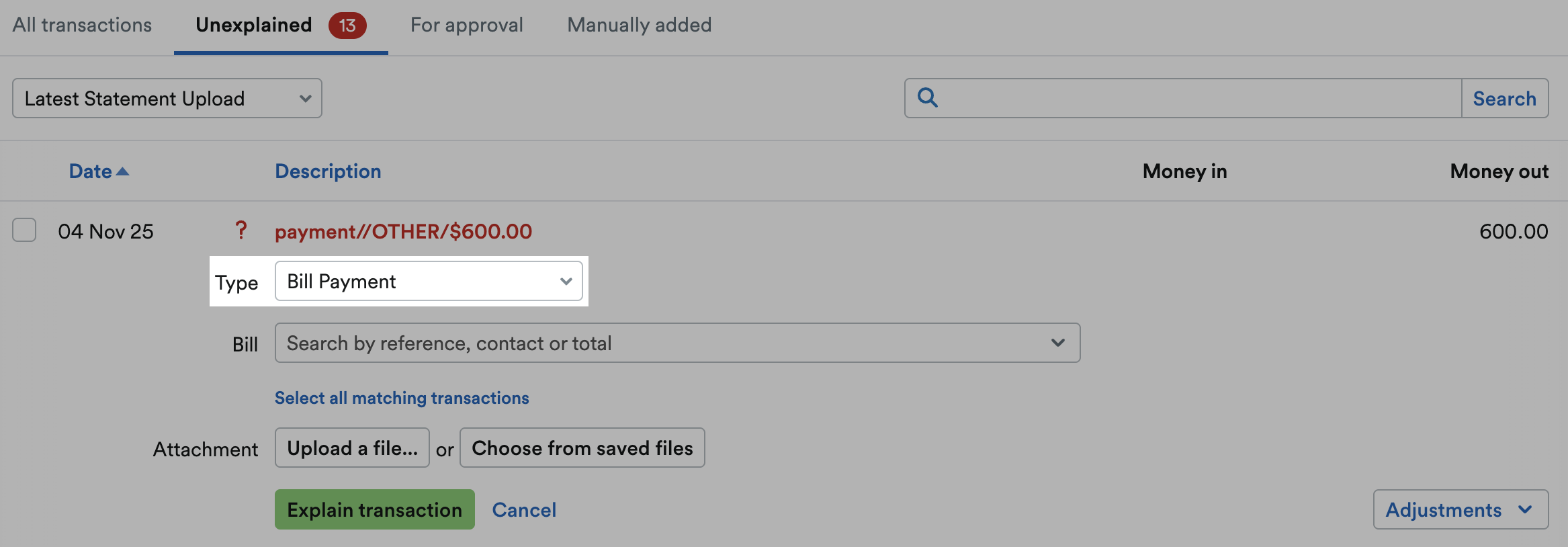 'Bill Payment' selected as Type from drop down menu.