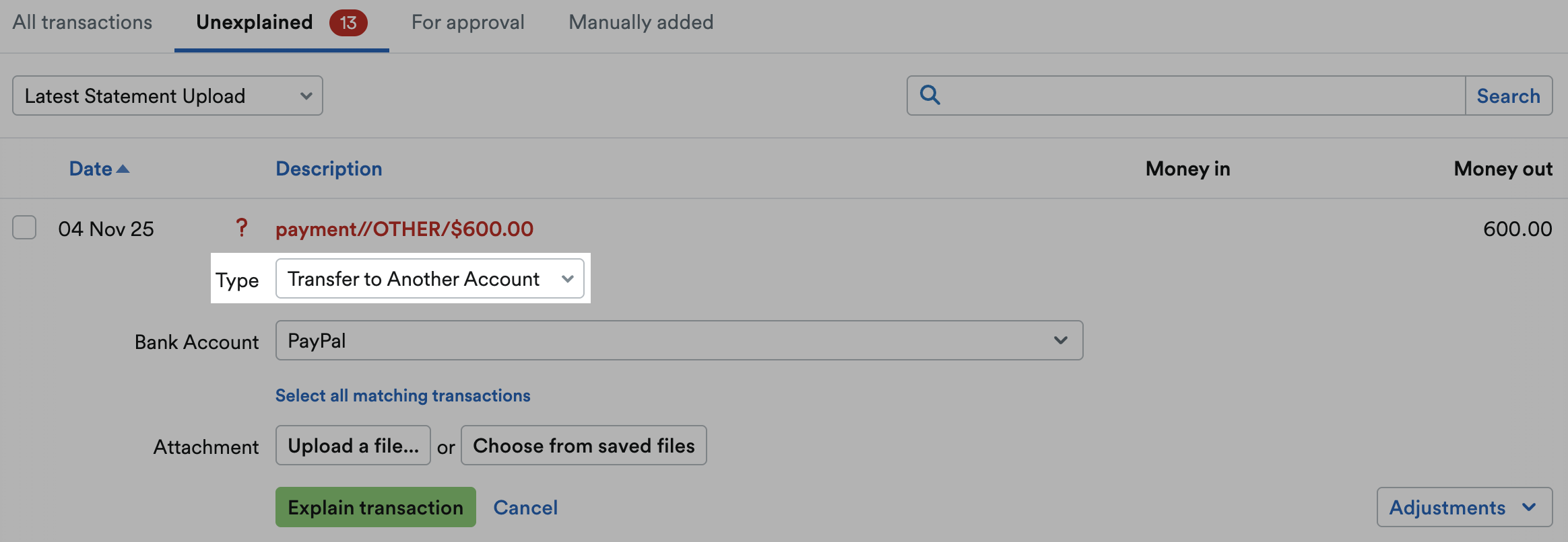 'Transfer to Another Account' selected as Type from drop down menu.