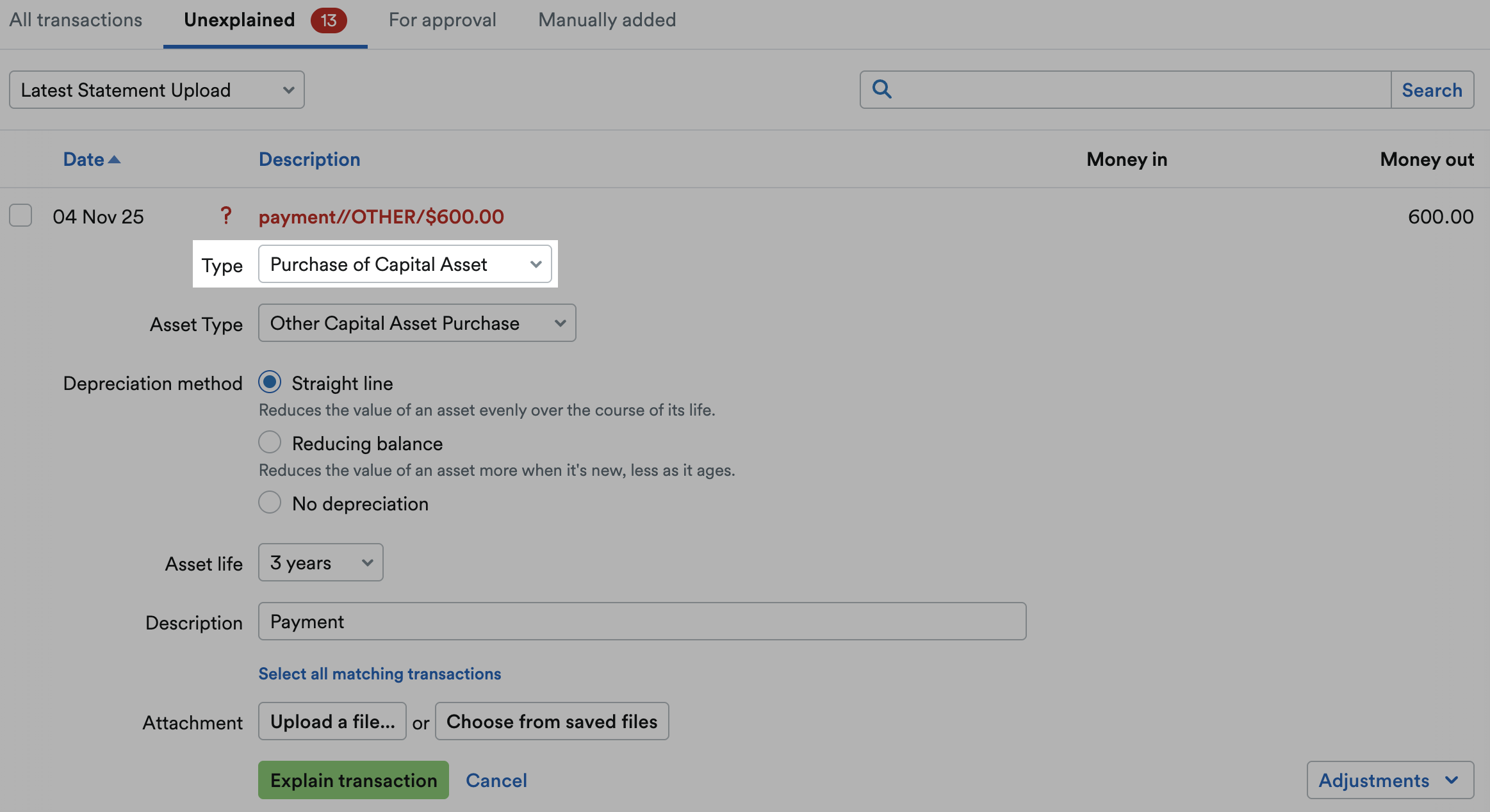 'Purchase of Capital Asset' selected as Type from drop down menu.