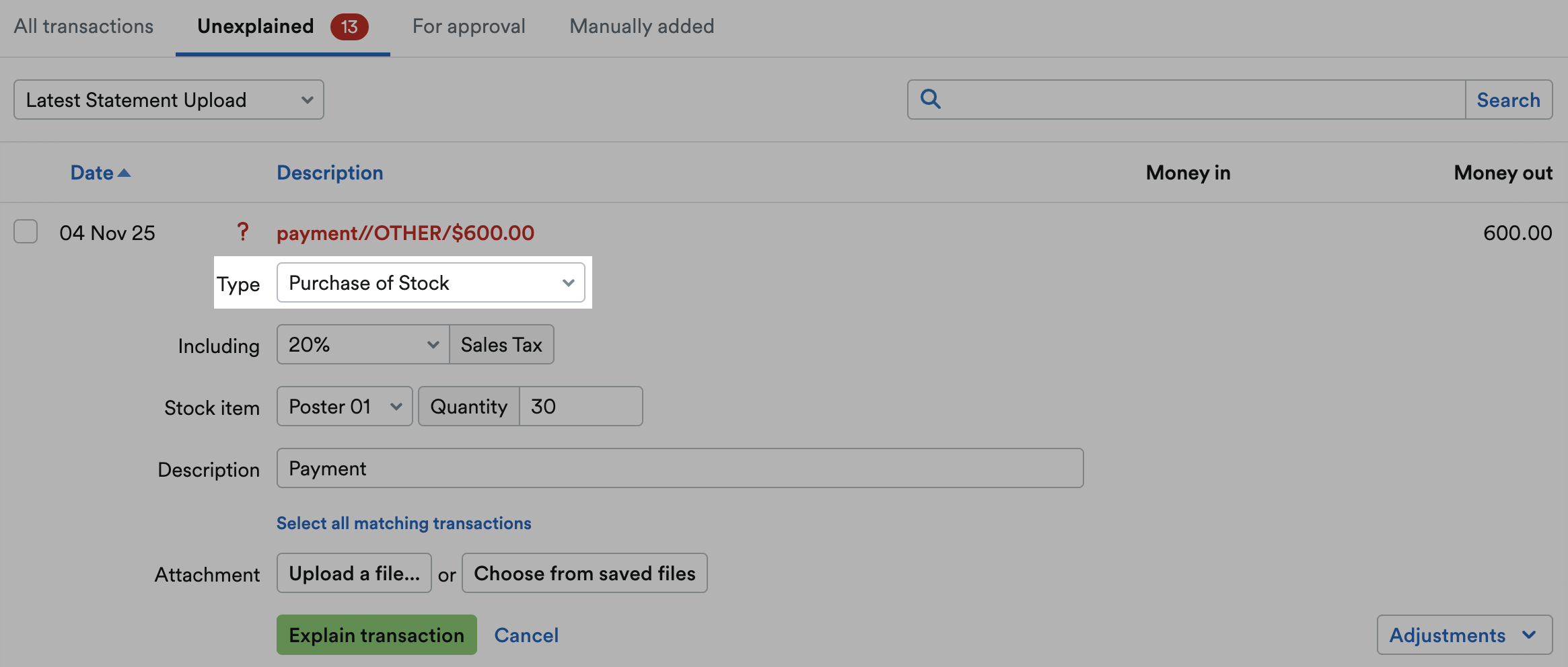 'Purchase of Stock' selected as Type from drop down menu.