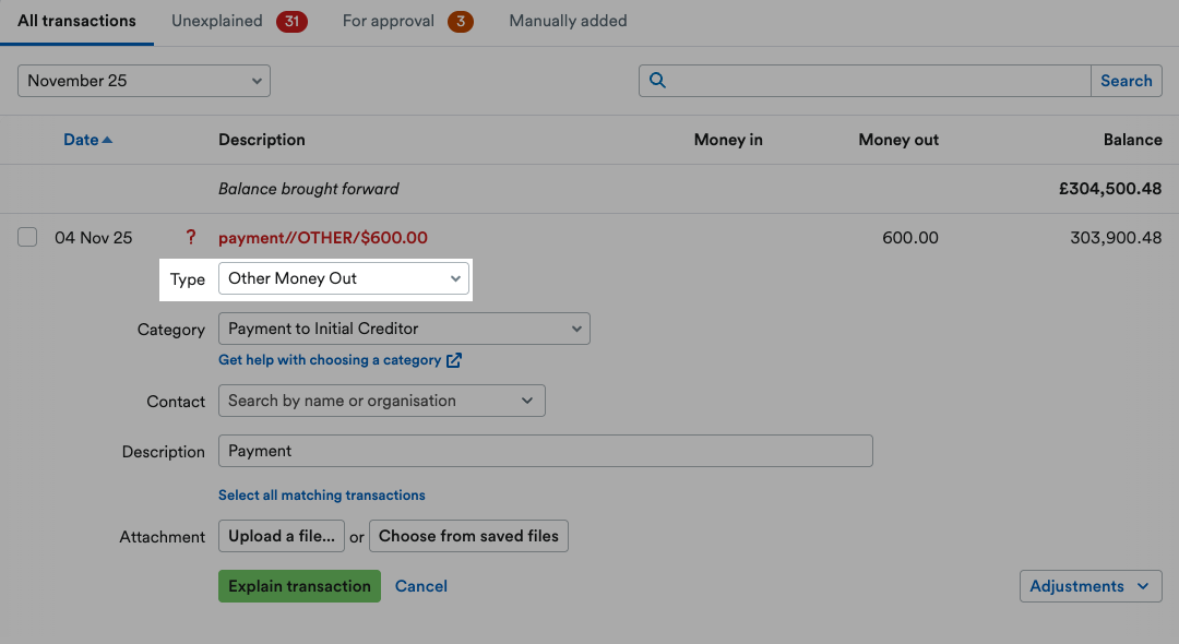 'Other Money Out' selected as Type from drop down menu.
