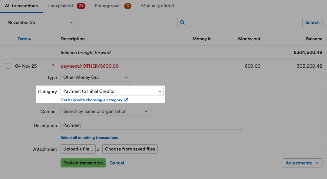 'Payment to Initial Creditor' selected as Type from drop down menu.