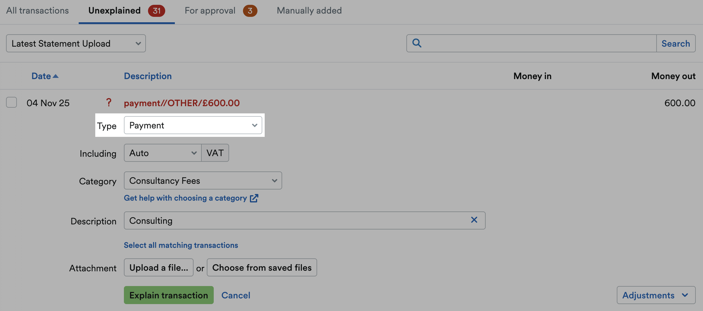 'Payment' selected as Type from drop down menu.