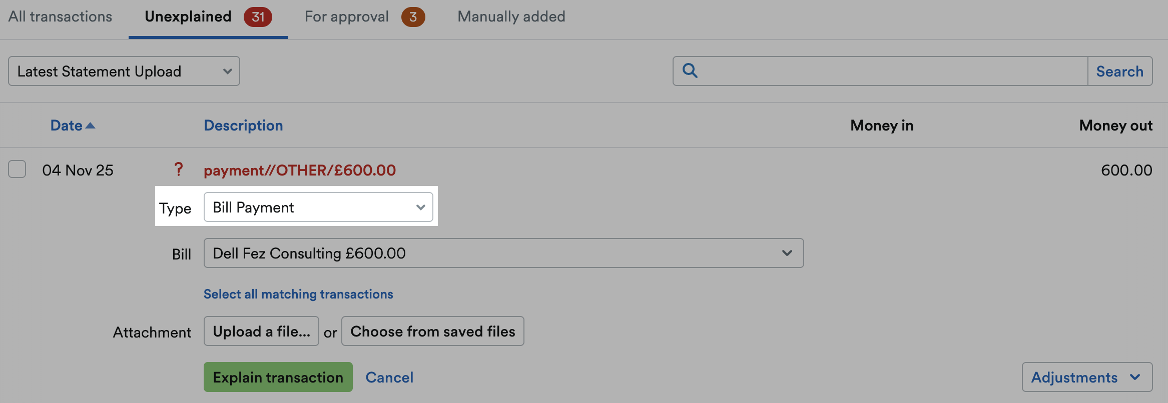 'Bill Payment' selected as Type from drop down menu.