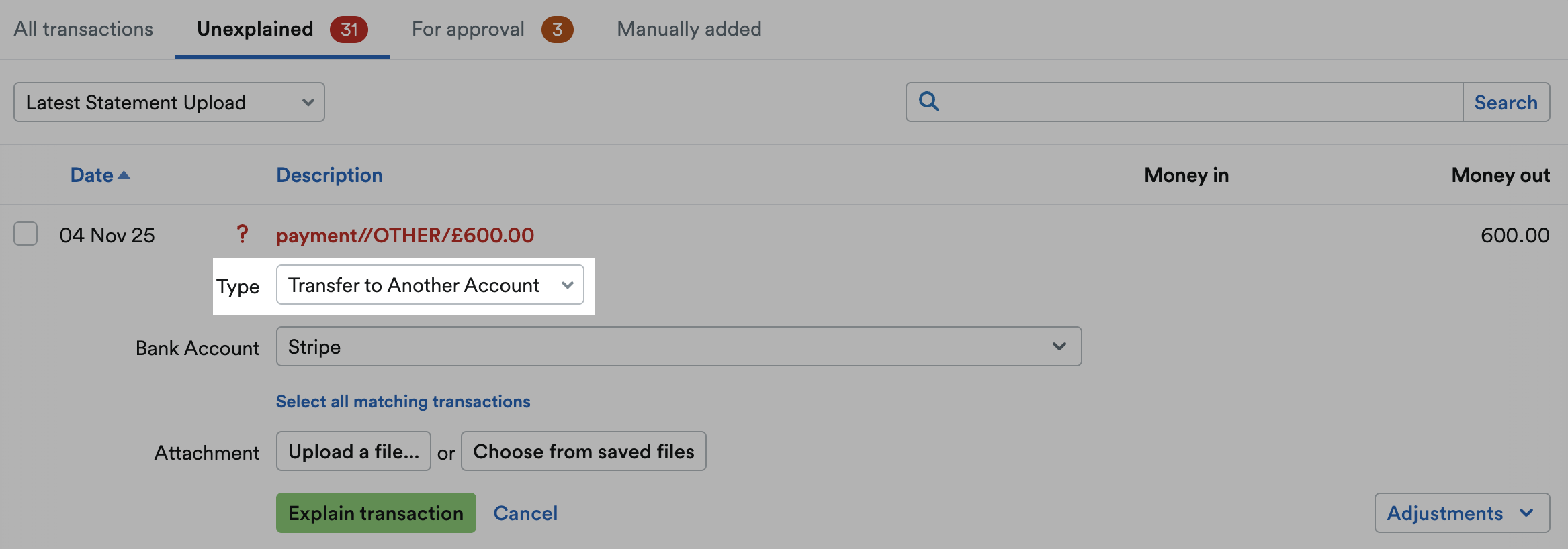 'Transfer to Another Account' selected as Type from drop down menu.