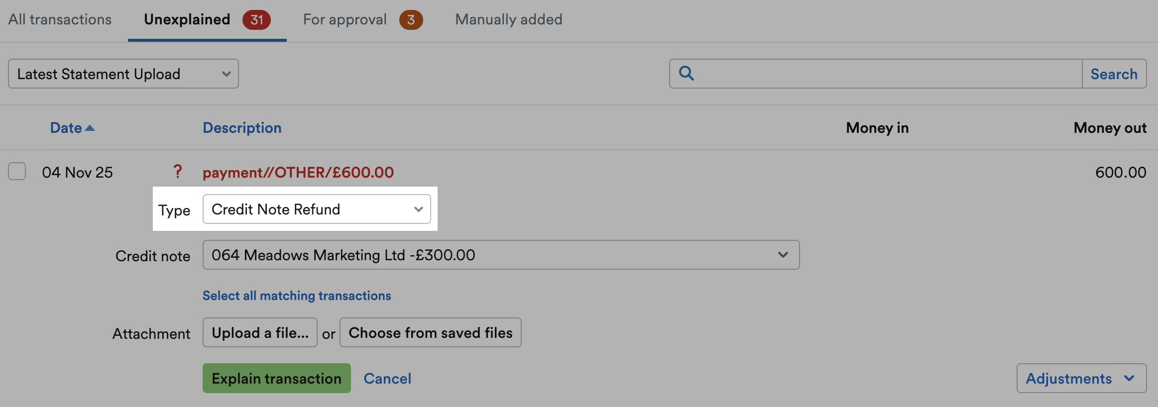 'Credit Note Refund' selected as Type from drop down menu.