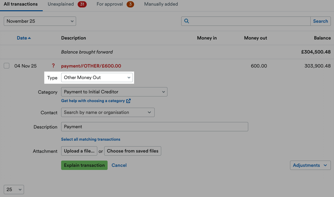 'Other Money Out' selected as Type from drop down menu.