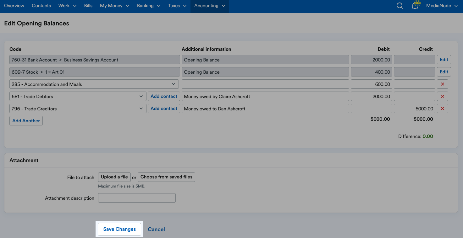 ‘Save Changes’ button highlighted at bottom of Edit Opening Balances page.