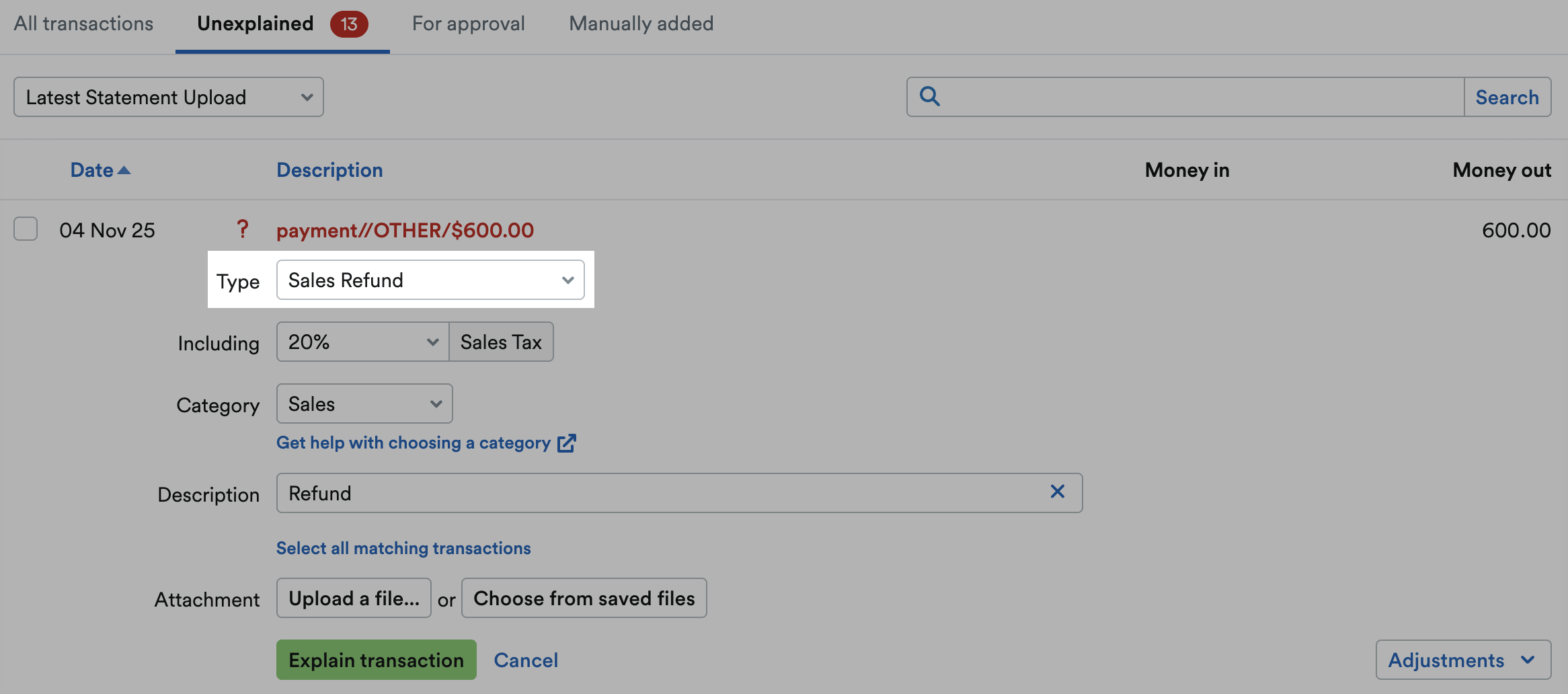 'Sales Refund' selected as Type from drop down menu.